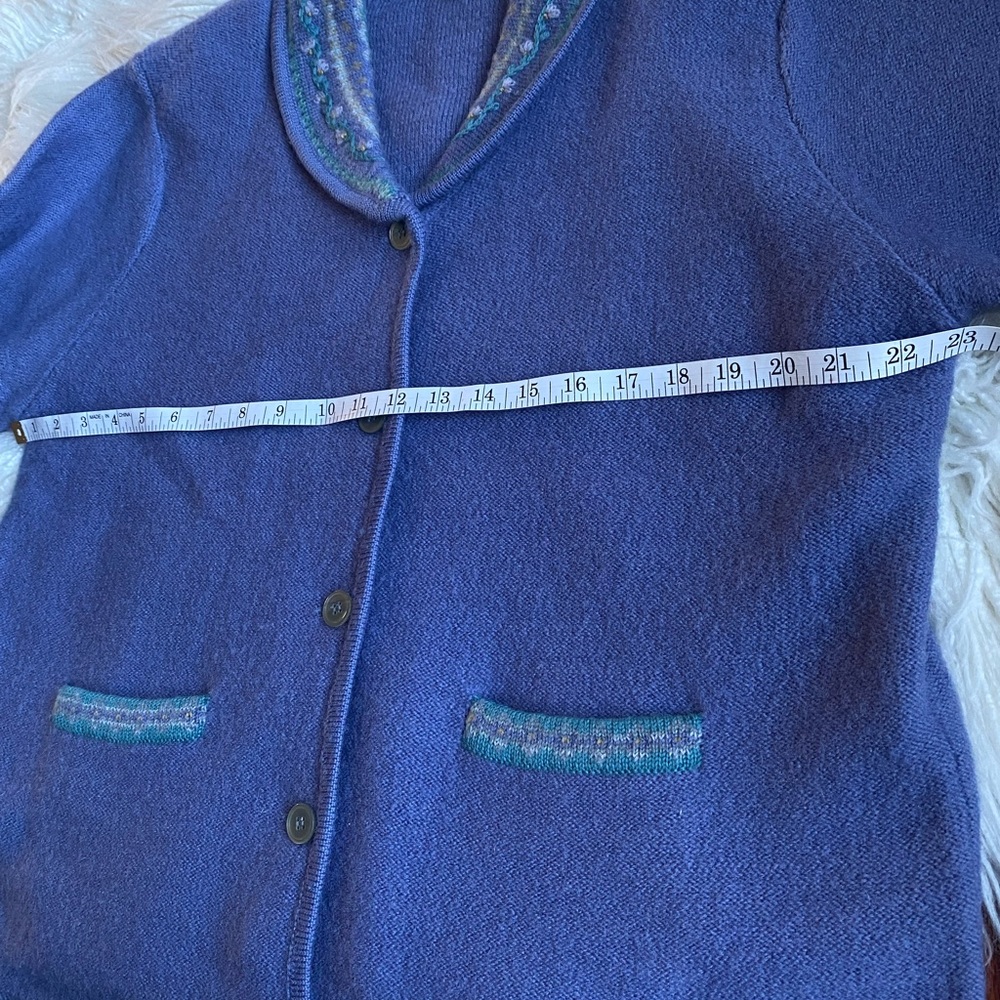 Jantzen 100% Wool Hand Embroidered Shawl Cardigan, Color Periwinkle, Size L - Picture 6 of 11